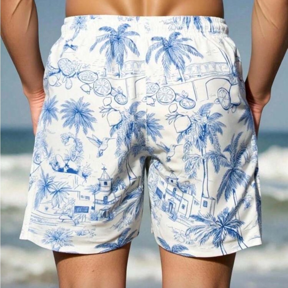 Blue and White Tropical Print Men's Swim Shorts - Picture 2 of 4